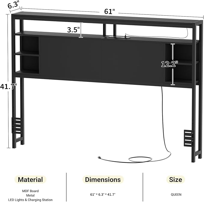 Unikito Queen Size Headboard with Storage, Headboard with Power Outlet and RGB LED Light, Sturdy Head Board for Queen Size Bed, Stable Headboards Only for Bedroom, Dorm Room, Guest Room, Black