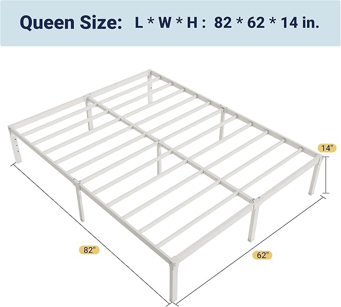Allewie Queen Bed Frame, 14 inch Metal Platform Beds with Storage Space, No Box Spring Needed and Easy Assembly, White