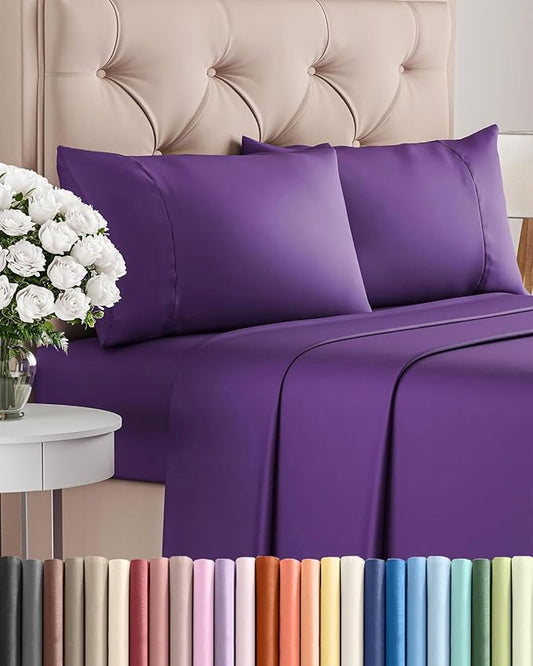 Twin 4 Piece Sheet Set - Comfy, Breathable & Cooling - Hotel Luxury Bedding for Women, Men, Kids, Teens and Children - 1 Flat & 1 Fitted Sheet & 2 Pillowcases w/ Deep Pockets - Wrinkle Free - Purple