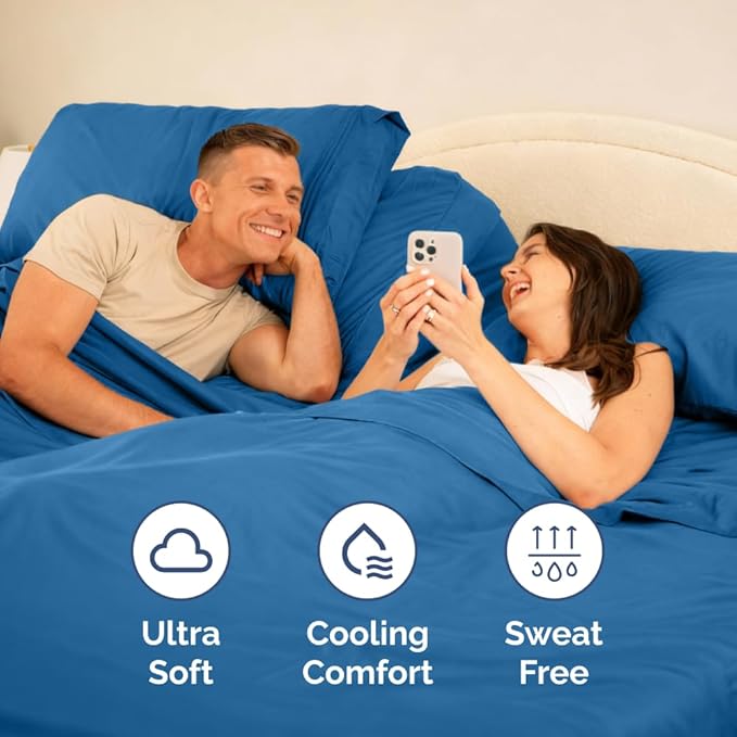 Flex Top Split Head King 4 Piece Sheet Set - Ultra-Soft, Breathable & Cooling Bed Sheets Set - Hotel Luxury Bedding for Women & Men with Deep Pockets - Wrinkle and Fade Free - Oeko-Tex - Denim Blue