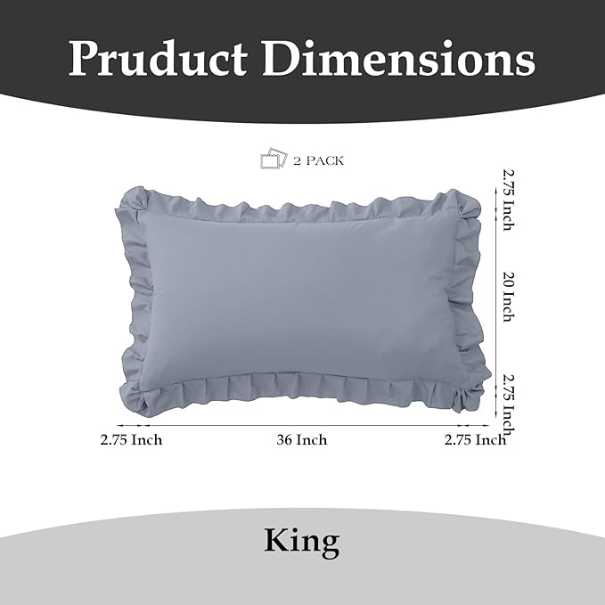 Ruffle Pillow Cases King Size Set of 2 – Soft Wrinkle Resistant Brushed Microfiber Ruffled Pillowcases –Envelope Pillow Shams Cover Festive Gift for Hotels, Guest Rooms 20x36 Inch (Silver Gray)