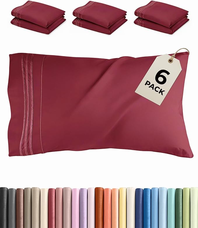 Standard Pillow Cases Set of 6 - Ultra Soft Hotel Quality Pillowcase Covers - Comfy, Cozy & Wrinkle Free - Shrink, Stain & Fade Resistant - Machine Washable Pillow Protectors - 6 Piece Set - Burgundy