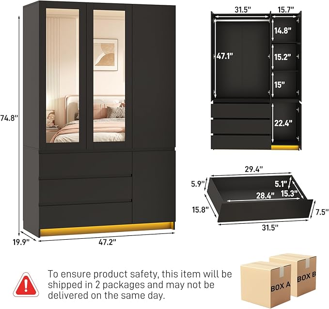 3 Doors Armoire Wooden Wardrobe Closet with 3 Drawers & 2 Mirror, 75"H Clothing Storage Cabinet with Hanging Rod,Modern Bedroom Large Freestanding Armoires with Led Lights for Bedroom,Black