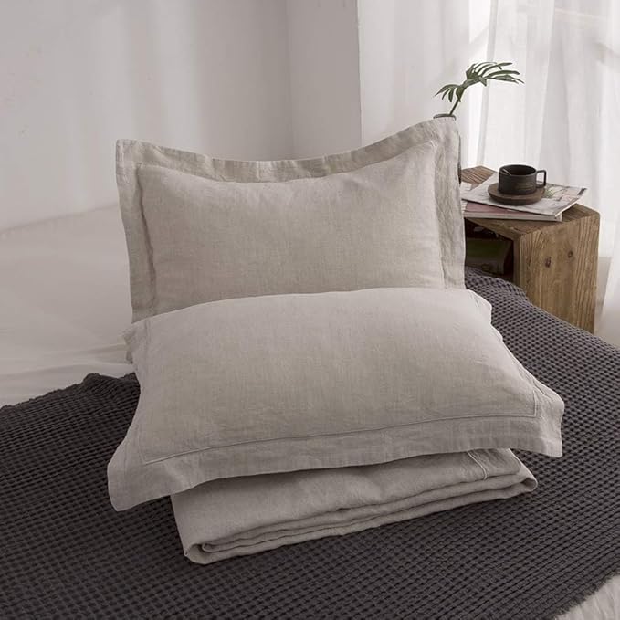 Simple&Opulence 100% Linen Duvet Cover Set with Embroidery Border Washed - 2 Pieces (1 Duvet Cover & 1 Pillow Sham) with Button Closure Soft Breathable Farmhouse - Linen, Twin Size