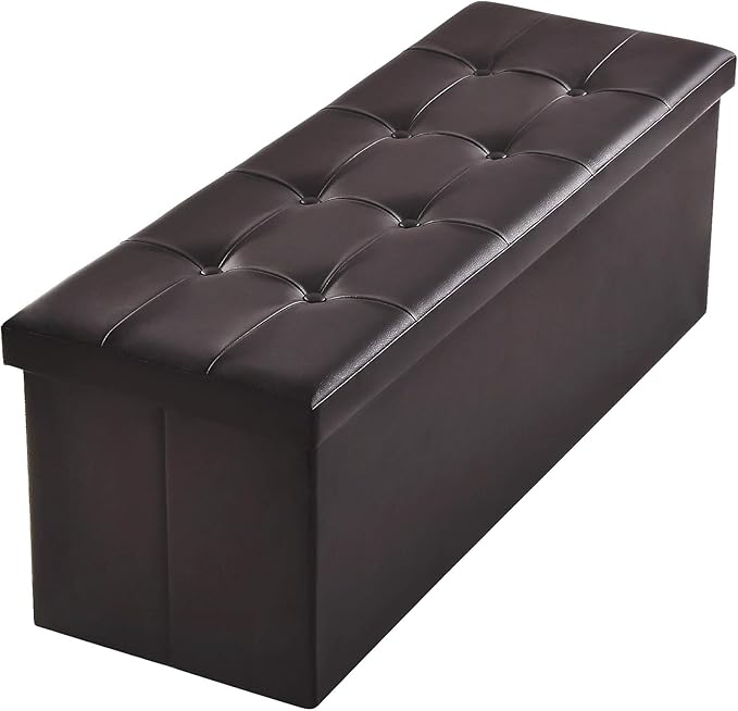 Camabel 43 inch Folding Ottoman Storage Bench Cube Hold up 700lbs Faux Leather 125L Storage Chest with Memory Foam Seat Footrest Padded Upholstered Stool for Bedroom Box Bed Coffee Table Brown