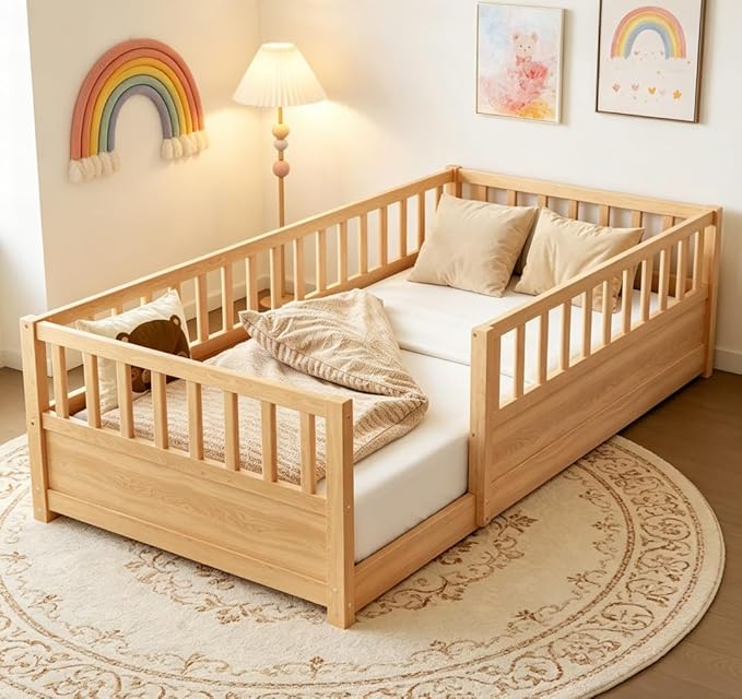 Bellemave Twin Floor Bed with high Fence, Solid Pine Wood Montessori Bed for Kids Girls Boys Floor Bed Frame,Natural with slats