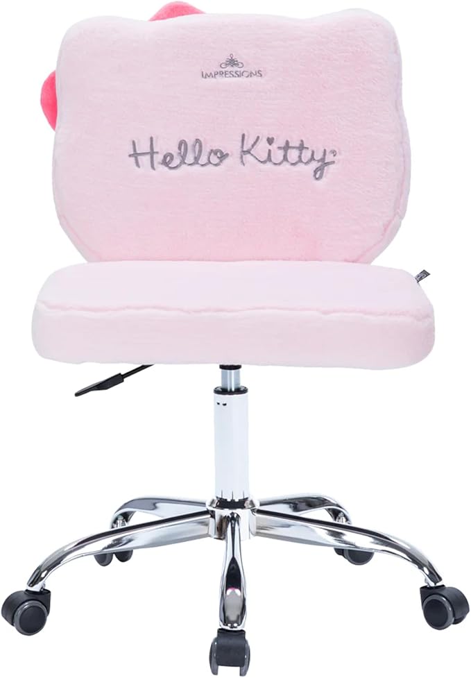 Impressions Vanity Hello Kitty Teddy Swivel Vanity Chair for Makeup Desk, Armless Rolling Chair with Wheels, Adjustable Height, 360 Degree Swing, Comfy Foam Padded Seat and Backrest (Teddy Pink)