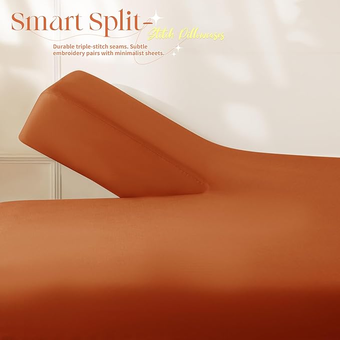 Manyshofu 4 Piece Split Head King Sheets Sets for Adjustable Bed Sheet, Flex Head Split Top King Sheets Burnt Orange Sheet Set - 1800 Thread Count Bedding Set with 14-16 Inch Deep Pockets