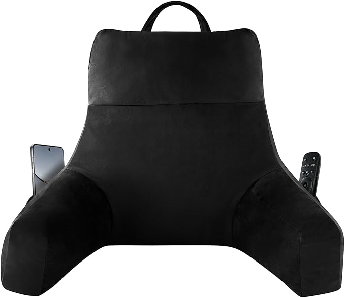 IPYNBAP Reading Pillow with Arms for Adult, Back Pillow for Bed Sitting Up, Shredded Memory Foam Backrest Pillow with Pockets & Removable Washable Cover, Lounging, Watching TV, Reading(20" Black)