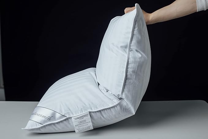 Goose Feather Blend with Polyester Bed Pillows 100% Cotton, Medium Firm Soft Support Standard Pack of 2 Stripe White