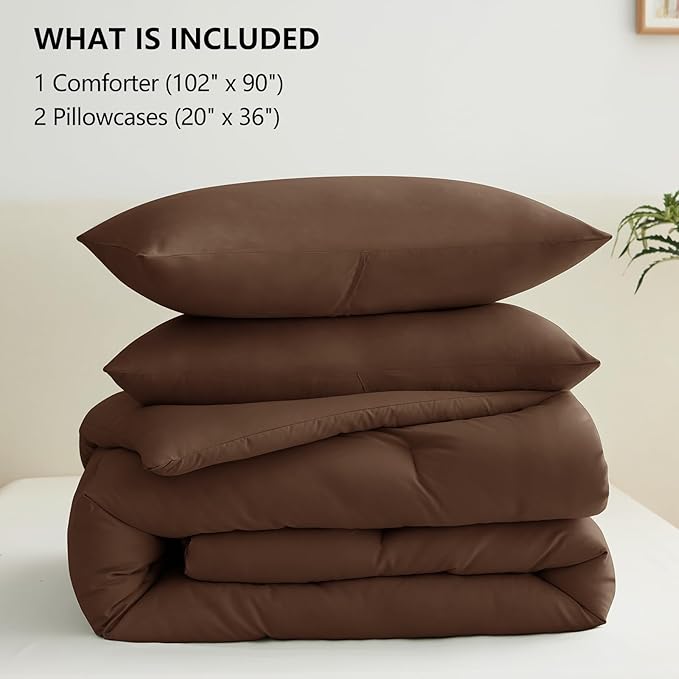 CozyLux King Size Comforter Set Brown, 3 Pieces Solid Comforters King Size Breathable Quilted Bedding Sets, Luxury Soft Lightweight Bed Set with Down Alternative Comforter and 2 Pillowcases All Season