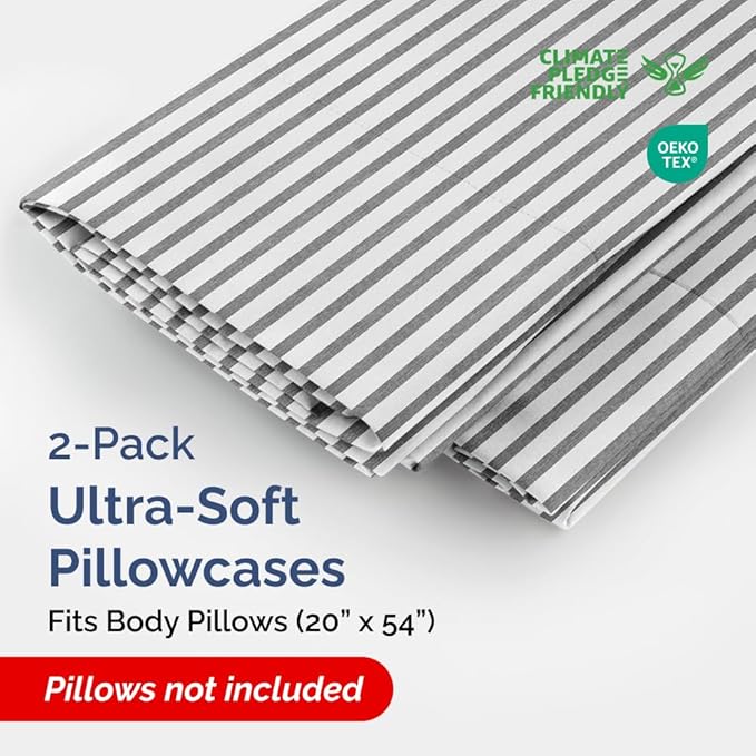 Body Pillowcases Set of 2-20x54 Long Body Pillow Case - Soft Body Pillow Cover for Sleeping & Side Sleepers - Comfy, Wrinkle & Fade Free - Machine Washable w/Envelope Enclosure Grey Stripes 2