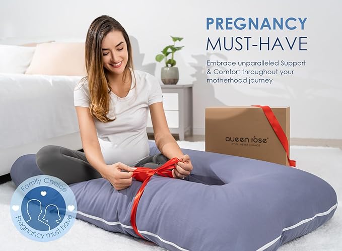 QUEEN ROSE Pregnancy Pillow, U Shaped Full Body Pillows for Sleeping Support, 55 Inch Maternity Pillow for Pregnant Women with Cooling Silky Cover, Blue