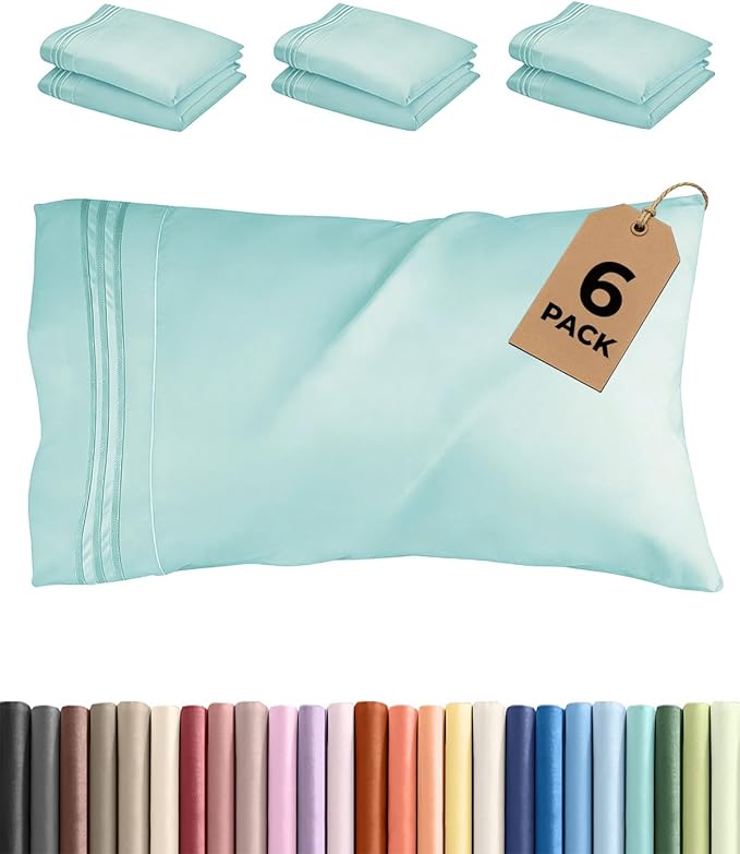Standard Pillow Cases Set of 6 - Ultra Soft Hotel Quality Pillowcase Covers - Comfy, Cozy & Wrinkle Free - Shrink, Stain & Fade Resistant - Machine Washable Pillow Protectors - 6 Piece Set - Spa Blue
