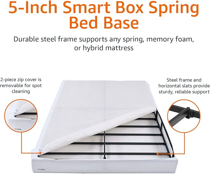 Amazon Basics Smart Box Spring Bed Base, 5-Inch Height Mattress Foundation, Tool-Free Easy Assembly, Metal Support, Full, 74" x 53"