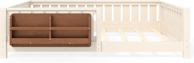 Bellemave Full Size Kids Montessori Bed with Bookshelf,Solid Wood Full Floor Bed Frame with Fence and Slats for Girls Boys,Low-Profile,Beige