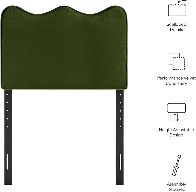 Monday Athena Twin Size Performance Velvet Adjustable Headboard in Moss Green - with Scalloped Wave Design and Stain-Resistant Velvet Upholstery