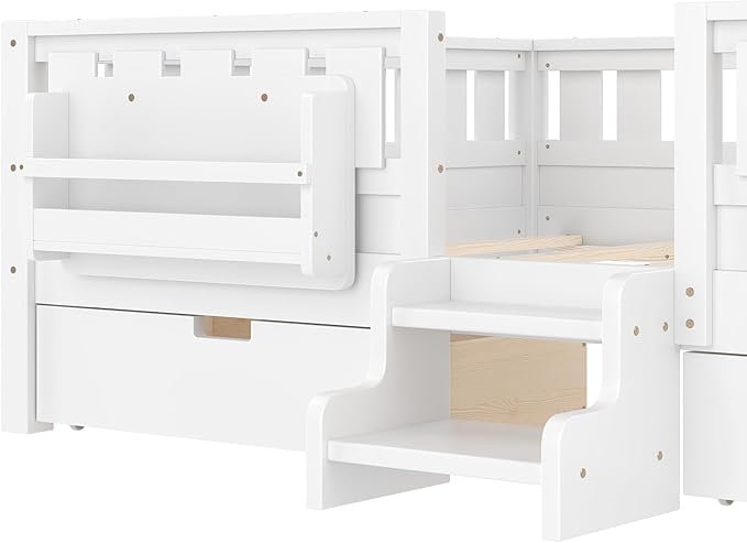 Bellemave Queen Bed with Storage Drawers & Bookshelf, Low Profile Kids Bed Frame with Staircase & Full Length Guardrails, Solid Wood Queen Bed for Kids with Slats Load 550LBS, Easy Assembly, White