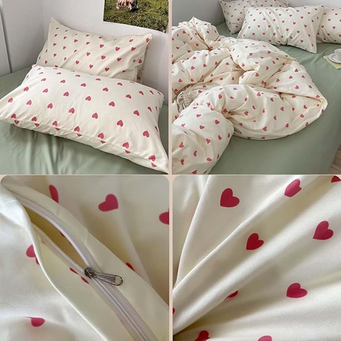 Nayoroom Heart Duvet Cover Twin Size Kawaii Pink Heart Printed on Cream White Bedding Set 2Pcs Kids Girls Cute Heart-Shaped Pattern Comforter Cover with Zipper Closure Soft Breathable Microfiber