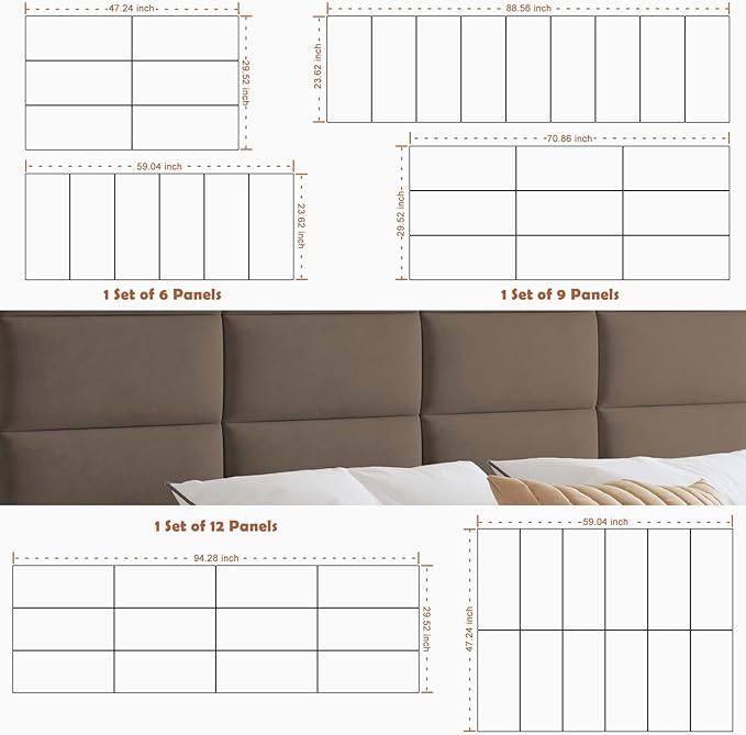 IFNOW Wall Mounted Upholstered Headboard King, 3D Peel and Stick Soundproof Panels, Reusable and Removable Padded Leather Bed Headboard, 12 Panels 9.84" x 23.62", Coffee