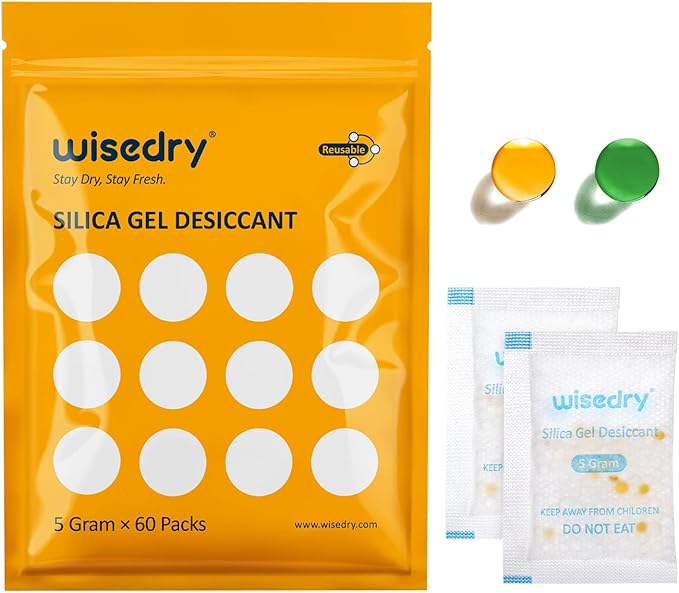 wisedry 5 Gram (60 Pack) Food Grade Silica Gel Packets with Color-Indicating Beads, Rechargeable Food Safe Desiccant, Reusable Moisture Absorbers for Food Storage, Electronics, 3D Filament & Safe