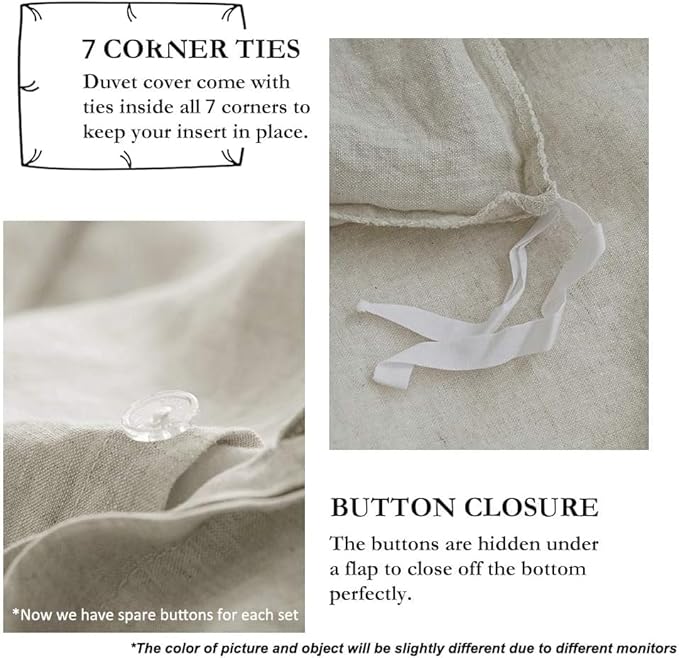 Simple&Opulence 100% Linen Duvet Cover Set with Embroidery Border Washed - 3 Pieces (1 Duvet Cover with 2 Pillow Shams) with Button Closure Soft Breathable Farmhouse - Linen, Queen Size