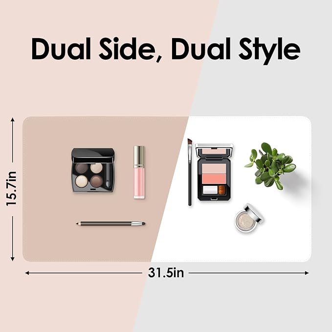 Makeup Mat for Vanity to Protect Desk Top, Dual-Sided Makeup Mat, Easy to Clean Desk Pad - Waterproof and Oilproof Vanity Accessories, 31.5 x 15.7 in (Khaki and White)