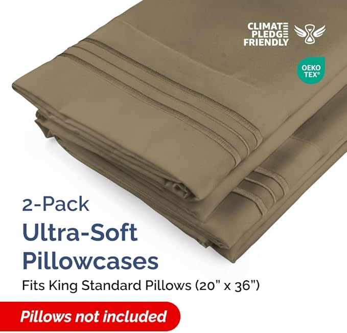 King Standard Pillow Cases Set of 2 - Ultra-Soft Hotel Quality Pillowcase Covers - Comfy, Cozy & Fade Free - Wrinkle Resistant - Machine Washable Pillow Protectors - 2 Piece Set - Khaki