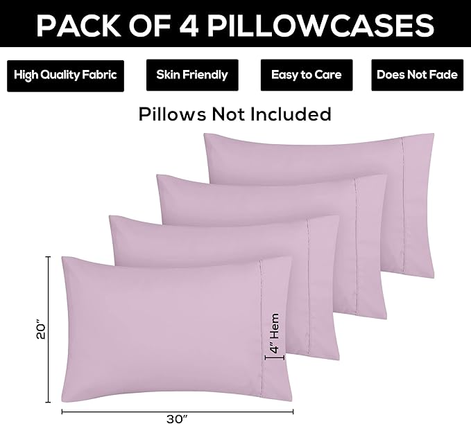 Utopia Bedding Standard Pillow Cases - 4 Pack - Envelope Closure - Soft Brushed Microfiber Fabric - Shrinkage and Fade Resistant Pillow Covers Standard Size 20 X 26 Inches (Standard, Lavender)