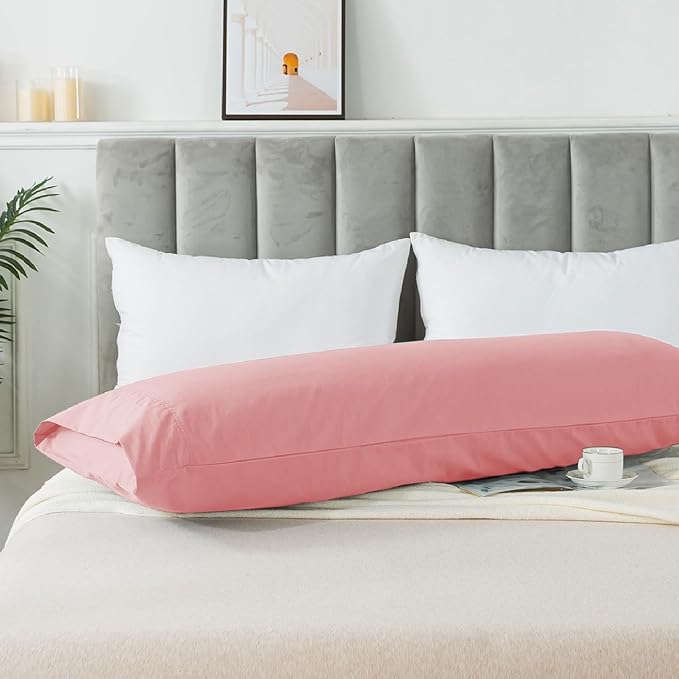 WhatsBedding Body Pillow Cover Cotton Fabric, Long Pillowcase Breathable & Skin-Friendly, Envelope Closure - Foggy Pink (20x54 inch)