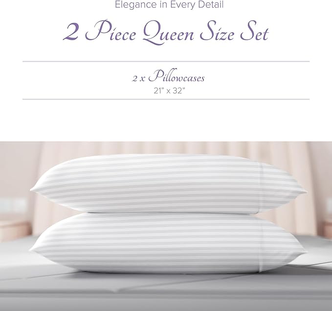 Carressa Linen 100% Egyptian Cotton Pillow Cases Queen Size Set of 2 - Luxury 600 Series Hydrangeas Collection Damask Standard/Queen Size Pillowcases (White Stripe), Soft, Cooling Hotel Quality