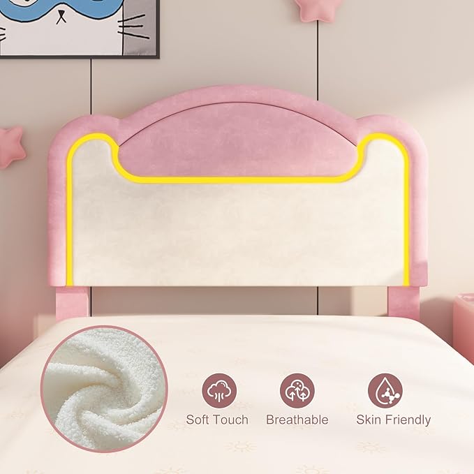 Garvee Twin Size Upholstered Bed Frame with LED Lights & Storage Drawers, Fabric Headboard & Wood Slats, No Box Spring Needed, Princess Bed for Girls (Pink White)