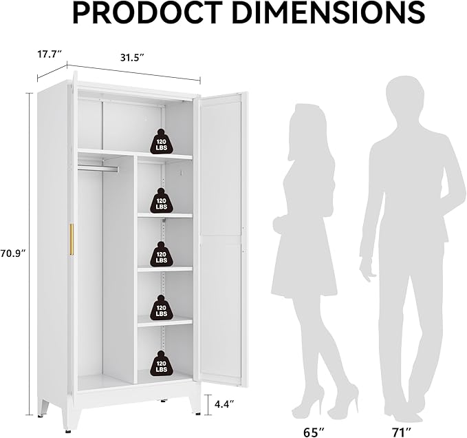 COFaR 71" Metal Wardrobe Closet with Adjustable Shelves & Hanging Rod, Freestanding Armoire with Top Storage & Two-Section Design, White Steel Storage Cabinet for Bedroom