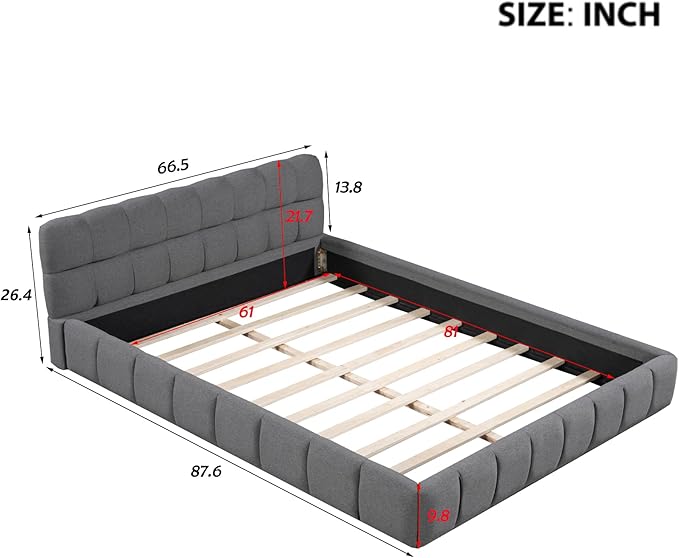 Merax Modern Tufted Platform Bed Queen Linen Floor Bed Frame with Headboard No Box Spring Needed Gray
