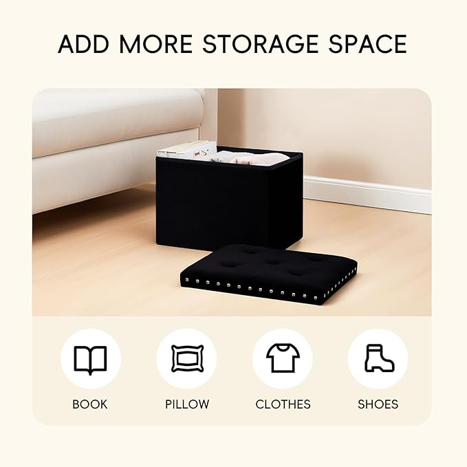 PINPLUS Storage Ottoman with Benches Foot Rest Stool, Folding Velvet Shoes Chest for Bedroom, Living Room, Grey,16.5"x12.6"x12.6"