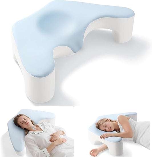 Side Sleeper Pillow for Shoulder Pain Relief, Memory Foam Pillow with Arm Hole & Neck Support Design, Ergonomic Back Sleeping Cervical Pillows with Washable Cooling Pillows Case - Blue&White
