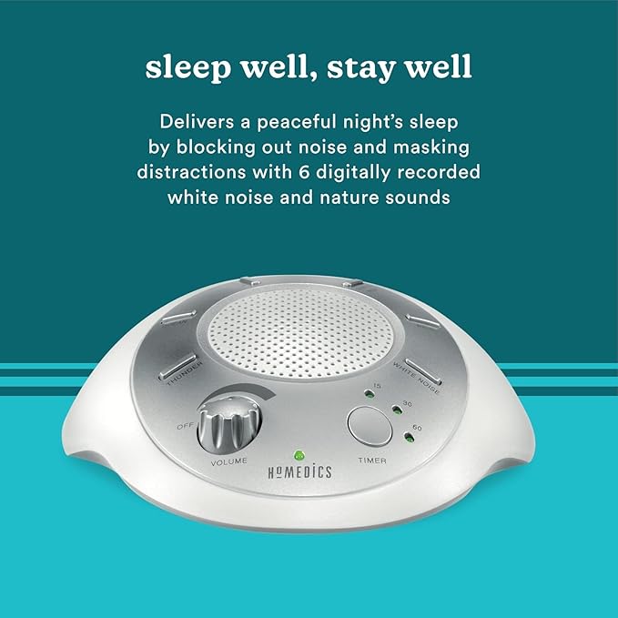 Homedics SoundSleep White Noise Sound Machine, Silver, Small Travel Size with 6 Relaxing Nature Sounds, Portable Therapy for Home, Office, Nursery, Auto-Off Timer