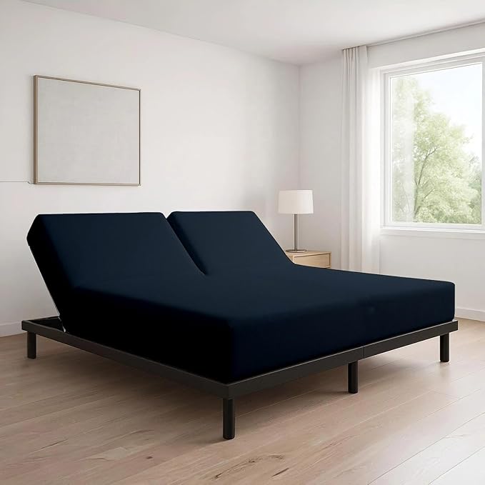 Cottingon 1 Piece Top Split King Fitted Sheet Only for Adjustable beds, Premium 100% Egyptian Cotton, 34 Inches Half Split Flex Head Bottom Sheet for Sleep Number Beds 16" Deep Mattress, Navy Blue