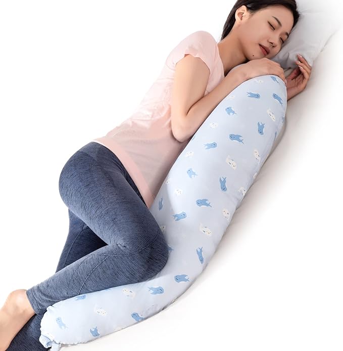 BYRIVER Firm C Shaped Body Pillow for Side Sleeping Women Men, Cooling Pregnancy Pillows for Sleeping, Washable Jersey Cotton Cover, Gifts for New Mom Women (Little Shark)