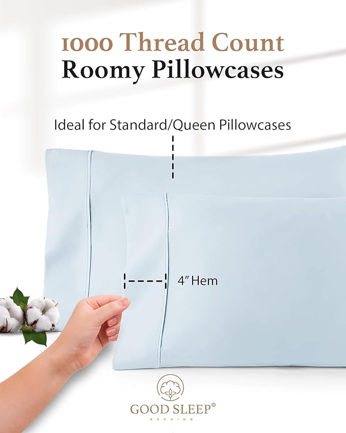 1000 TC Light Blue Standard Pillowcases Set of 2 100% Egyptian Cotton Pillow Cases with Long Staple Cotton & Sateen Weave, Silky Soft Hotel - Like Bed Pillow Covers for Comfy Sleeping, Snug Fit