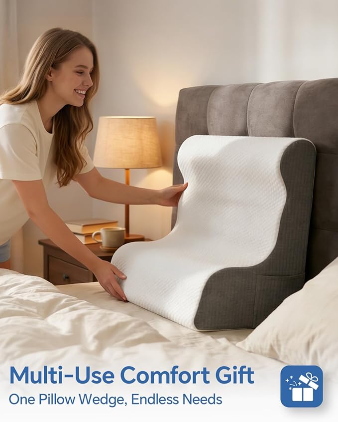Wedge Pillow Headboard, Ergonomic Memory Foam Bed Wedge Pillow for After Surgery, Acid Reflux & Snoring Relief, Elevated Pillow for Sleeping, Sitting Up, Reading, TV, Back Support & Leg Elevation
