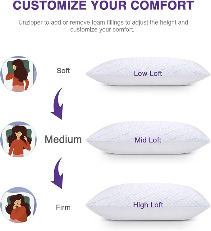 WISHSMILE Cooling Pillows Standard Size Set of 4, Shredded Memory Foam Pillows with Zipper, Adjustable Firm for Sleeping Cool Cold Pillow for Hot, Side Sleepers,20x26,4 Pack