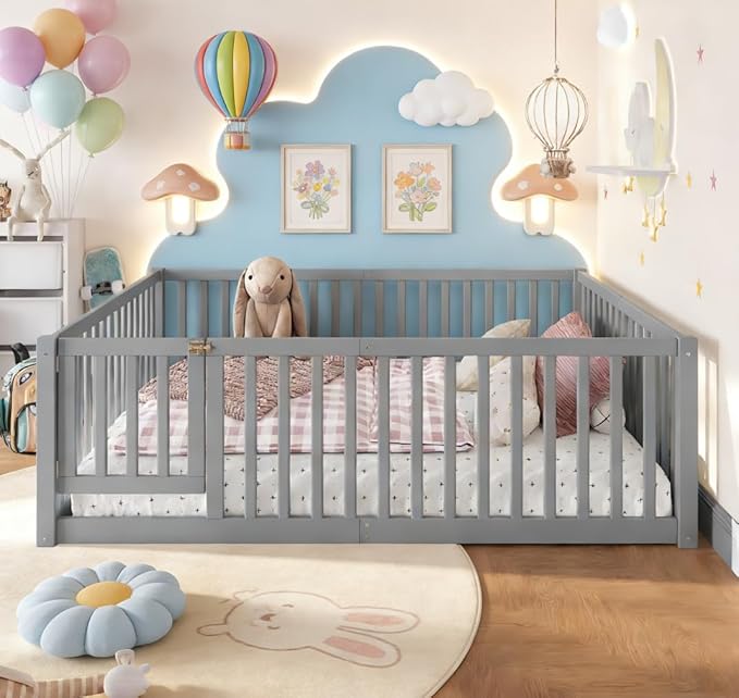 Bellemave Full Size Montessori Floor Bed with 23.5" High Rails, Pine,Plywood Floor Bed with Small Door, Grey