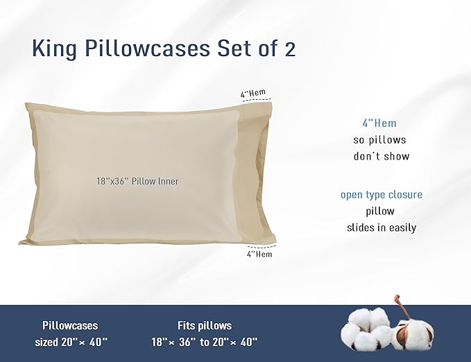Pillow Cases, King Size Cotton Percale Weave Pillowcases, Pre-Shrunk Breathable and Hypoallergenic Pillowcases, Set of 2 (2 Piece King 20 Inch x 40 Inch, Light Brown)