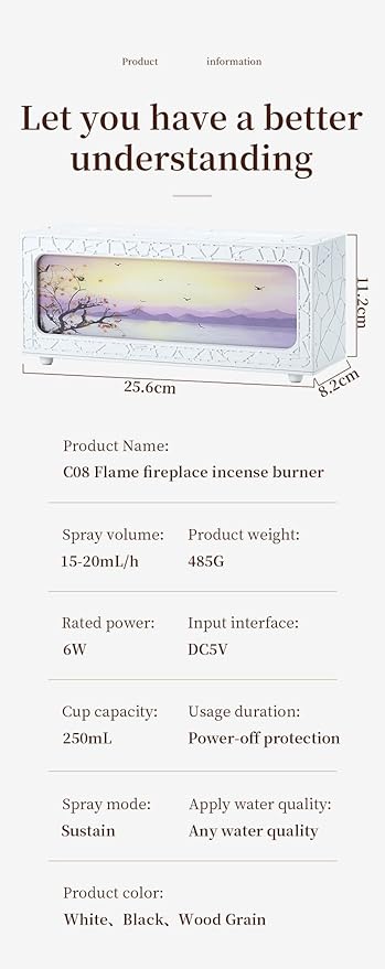 Essential Oil Diffuser 250ml, Fireplace Flame Aromatherapy Diffuser with Auto Shut-Off, 7 Color LED Lights, Ultrasonic Quiet Timer for Home Bedroom Office Yoga Relaxation(C08B)