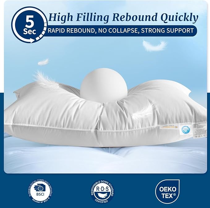 Canadian Luxury Goose Down Pillow Standard Size, 750 Fill Power, 100% Cotton with Teflon Shell- Ultra Comfort Sleep Pillows - Bed Pillows for Back, Stomach(White,Standard(Pack of 1))