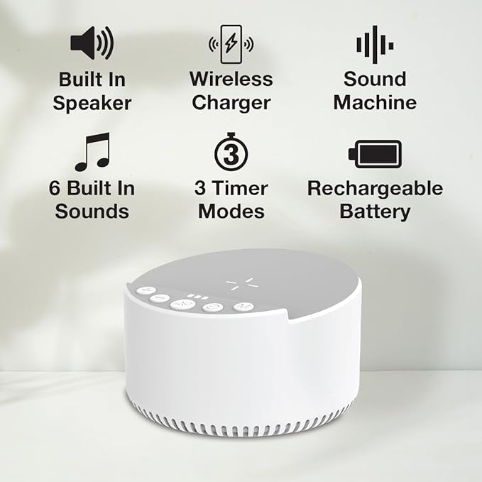 Sound Machine with Wireless Charger & Bluetooth Speaker – White Noise Sleep Aid with Memory Function, 6 Soothing Sounds, 3 Timer Modes – Compact Bedside Relaxation Device, White
