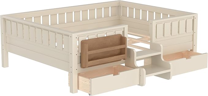Bellemave Full Size Kids Montessori Bed with Stairs and Bookshelf,Solid Wood Full Size Kids Bed Frame with Drawers and Storage for Girls Boys,Low-Profile,Beige