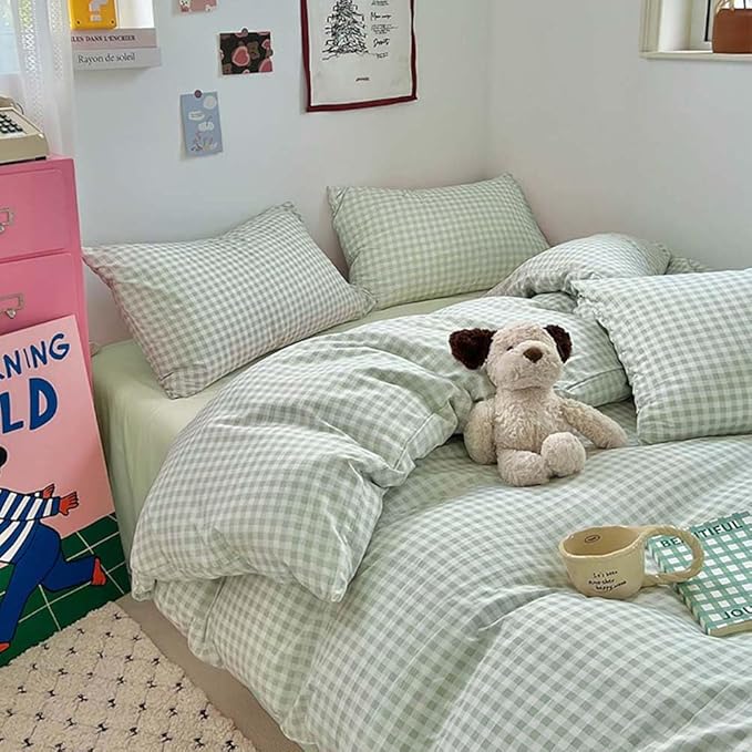 Nayoroom Green Gingham Duvet Cover Full Size Plaid Checkered Duvet Cover Girls Dorm Bedding Set 3 Pieces Soft Lightweight Washed Microfiber Farmhouse Bedding with Pillowcases