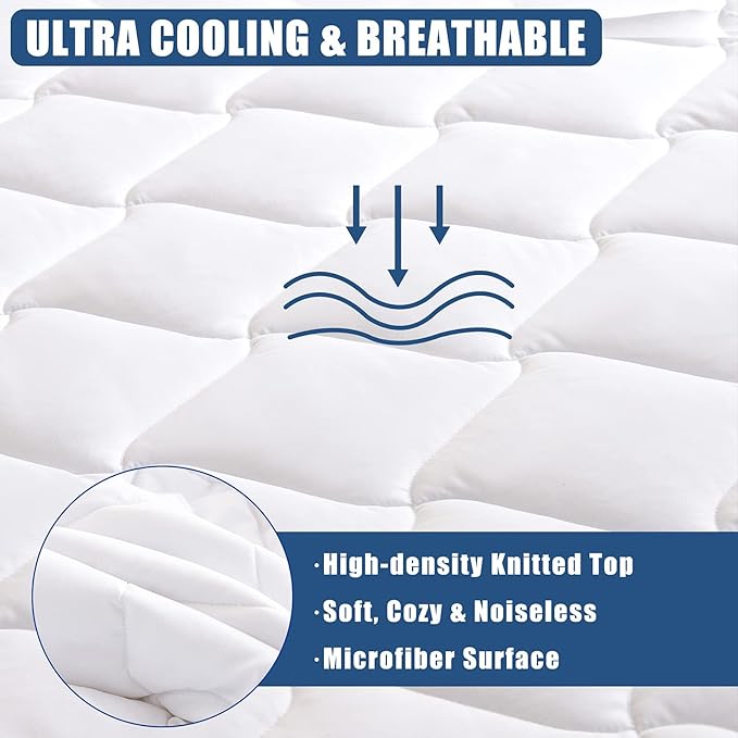 Full Size Quilted Fitted Mattress Pad, Waterproof Breathable Cooling Mattress Protector, Stretches up to 21 Inches Deep Pocket Hollow Cotton Alternative Filling Noiseless Mattress Cover